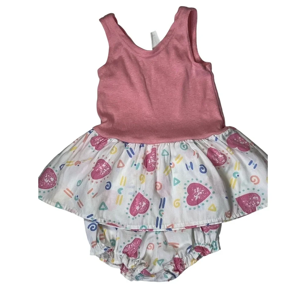 Vintage Baby Girls 18M Pink Heart‎ Geometric Dress and Bloomers Set Made in USA